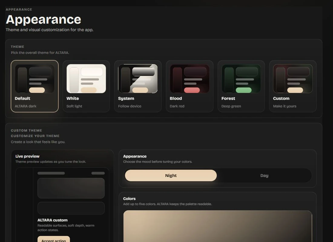 Real ALTARA appearance settings with theme choices and custom color preview