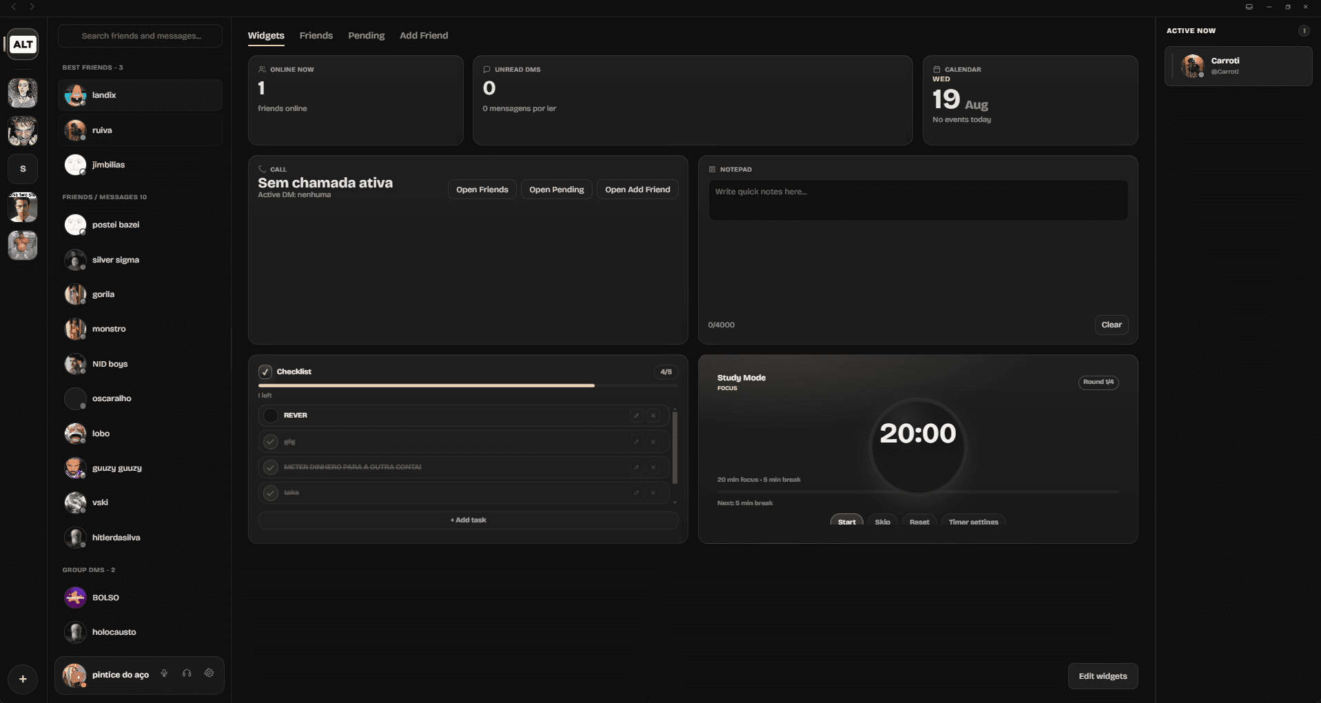 ALTARA dashboard with friends, unread messages, calendar, notes, checklist and Study Mode widgets