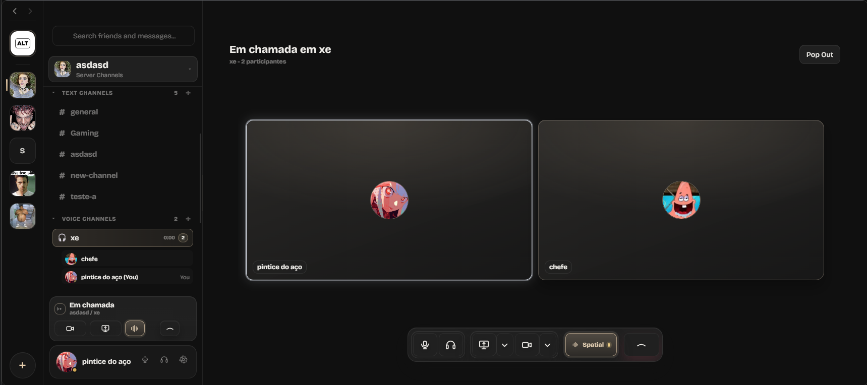 A live ALTARA voice channel call with two participant tiles, the voice channel member list, and the full call control bar including Spatial Audio