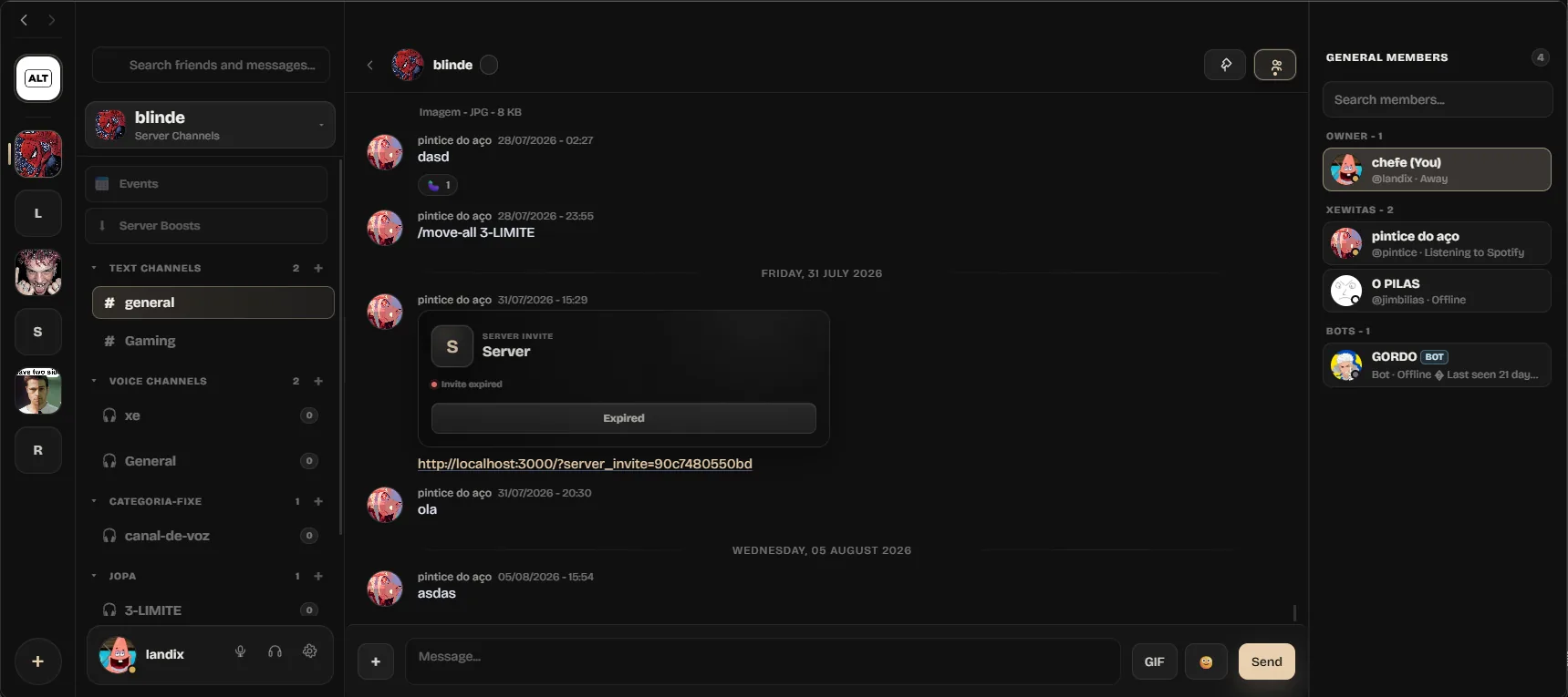 An ALTARA server with the channel sidebar, the active #general text channel with messages, and the member list showing owner, member, and bot roles