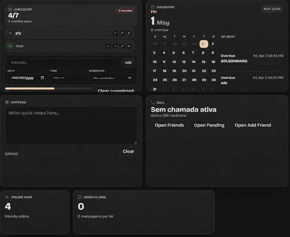 ALTARA widgets dashboard with checklist, calendar, notepad, call panel, online status, and unread DMs